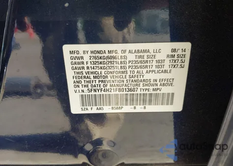 2015 Honda Pilot Lx from USA, damaged, VIN 5FNYF4H21FB013607